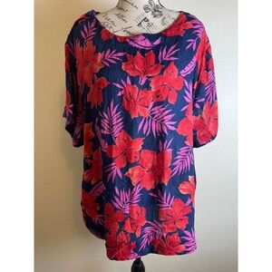 Lands' End Womens 2X 100% Linen Floral Short Sleeve Button Shoulder Blouse Top